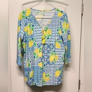 Belle By Kim Gravel Blue and Yellow Lemon Pattern Tunic. NWOT
